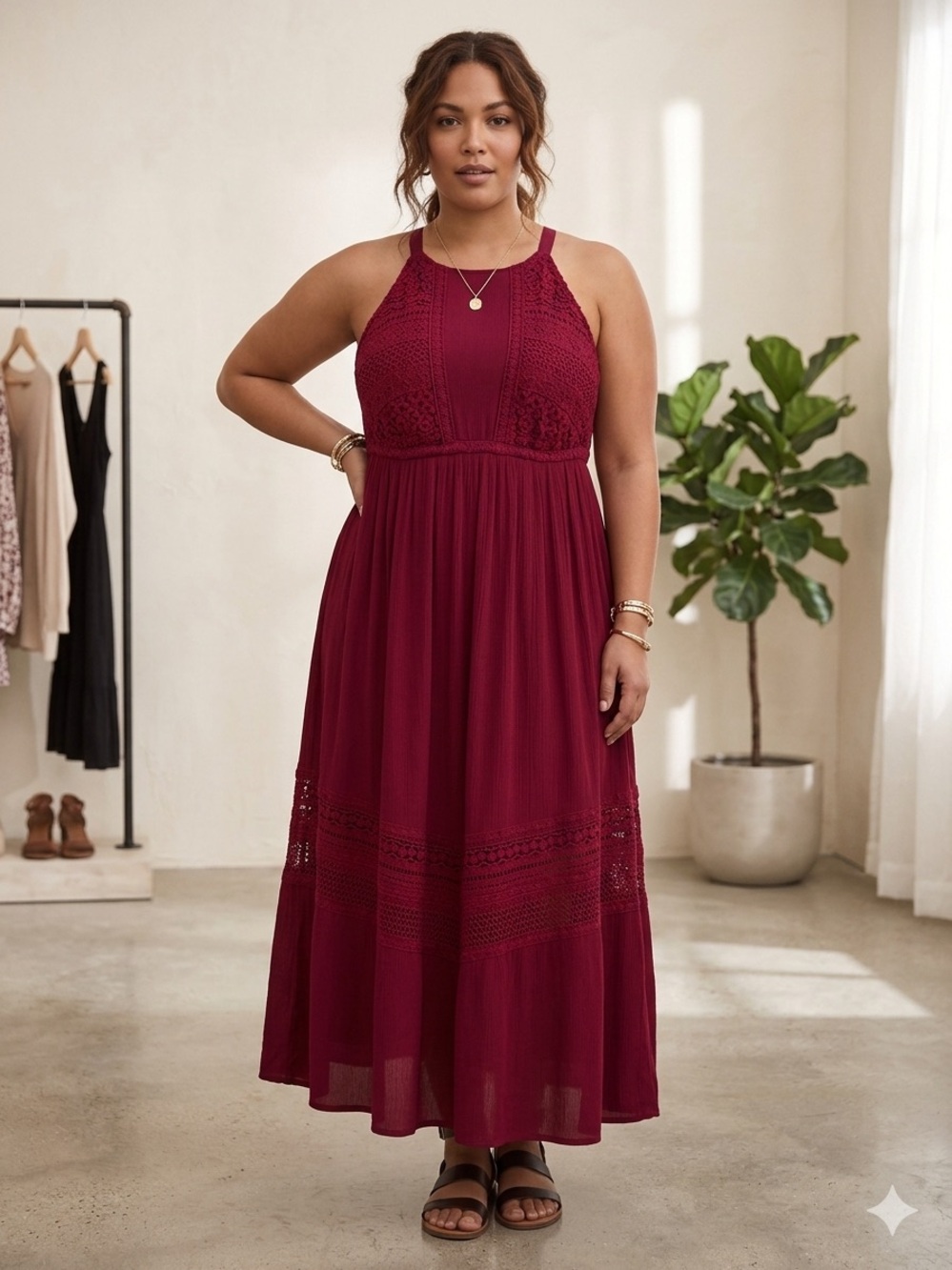 Torrid Boho Maxi Dress Halter Neckline Sleeveless Gauze Lace Burgundy Size 0 L